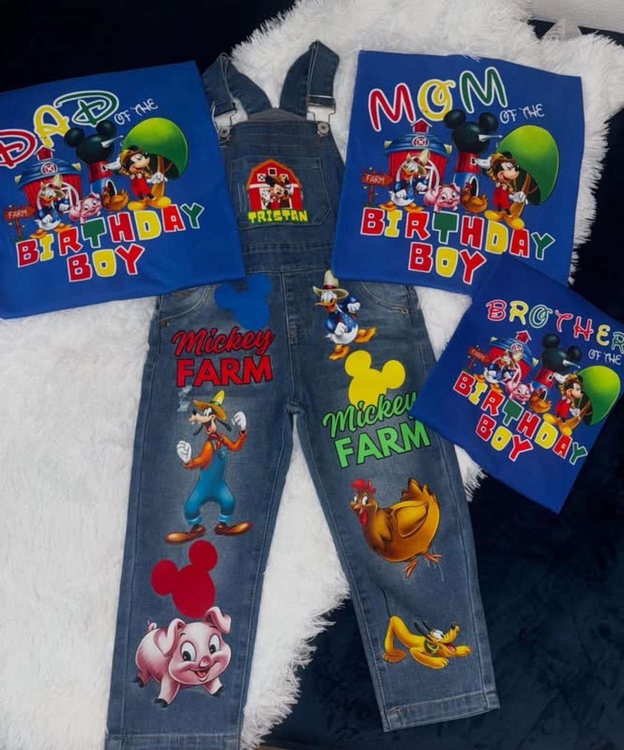 Custom illustrated birthday denim and coordinating family shirts